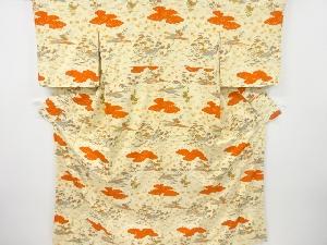 雲に家屋・草花模様付け下げ小紋着物(重ね衿付き)